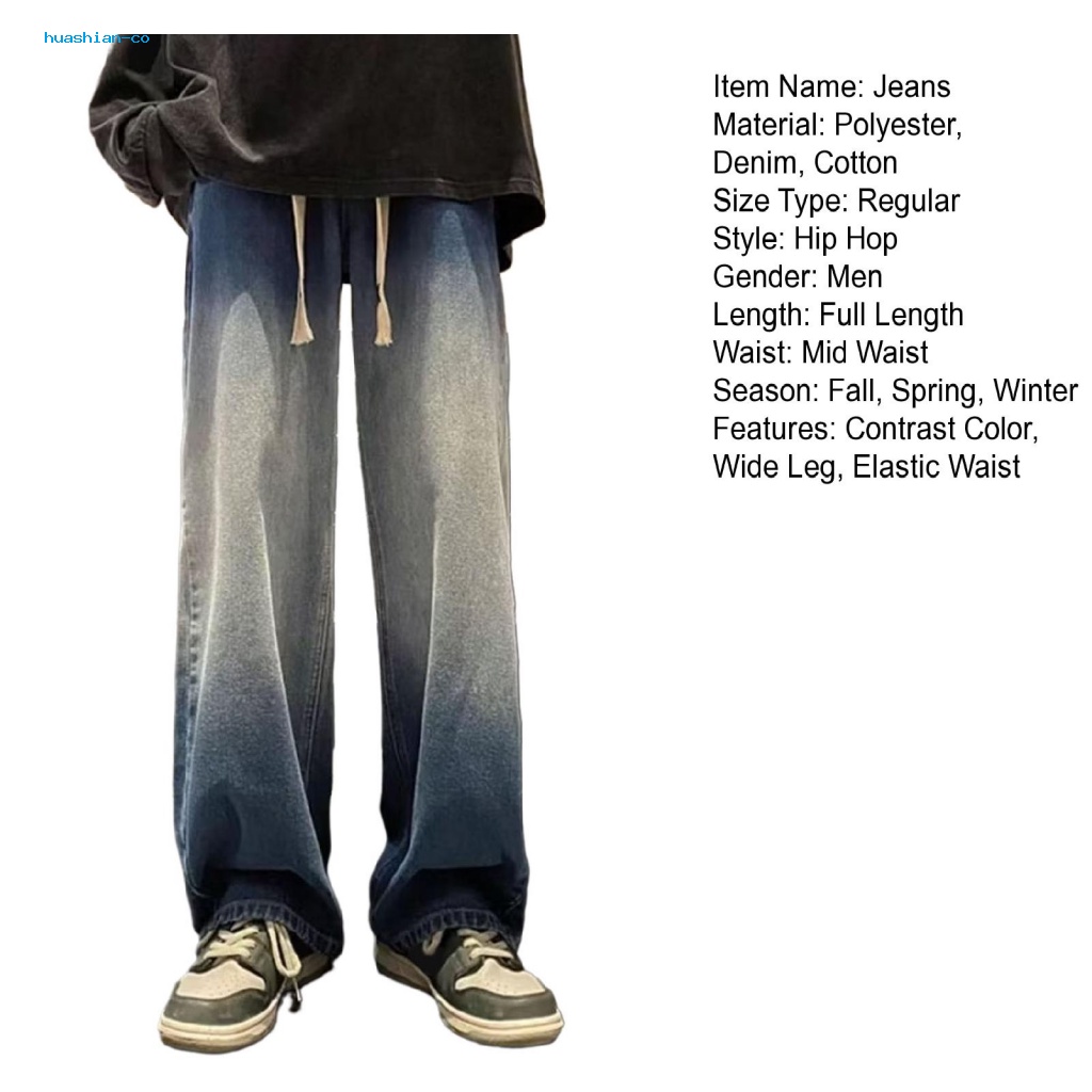 Huashian Quần Jean Dây Rút Lưng Thun Ống Rộng Màu gradient Phong Cách hip hop Đường Phố Cho Nam
