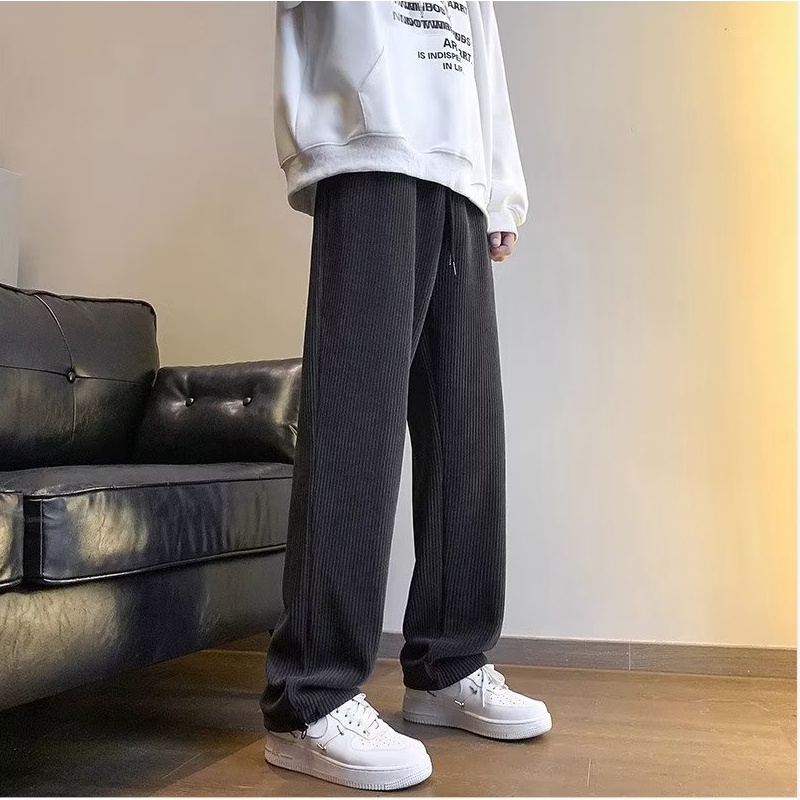 Quần Thể Thao Ống Rộng Vải Nhung Kẻ Thời Trang Thu Đông Cho Nam
