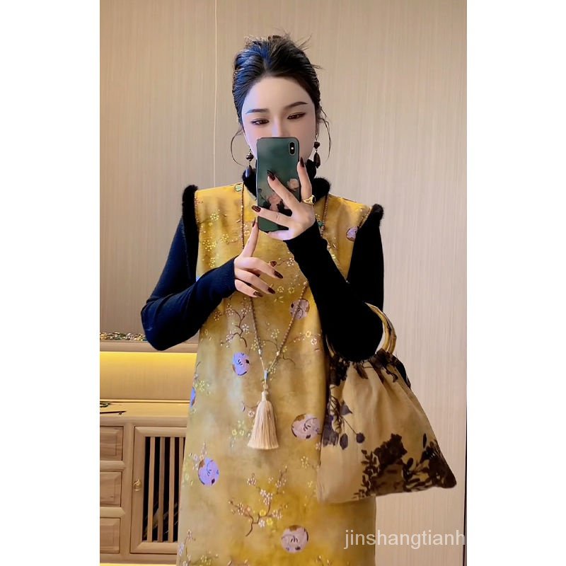 Set Đầm Sườn Xám Lót Lông Cừu Dày Dặn Phong Cách Trung Hoa Mới