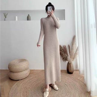 【FXDAZI】Đầm sweater Dệt Kim Dáng Dài Cổ Cao Phong Cách Hàn Quốc Thời Trang Thu Đông 2024 Mới
