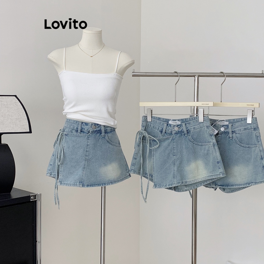 Quần short denim Lovito buộc dây phối túi màu trơn thường ngày cho nữ LNA17136 (Màu xanh dương)