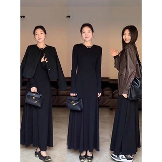 【FXDAZI】Đầm cotton Dài Tay Cổ Tròn Màu Đen Dáng Ôm Thiết Kế Mùa Thu Độc Đáo niche Cho Nữ