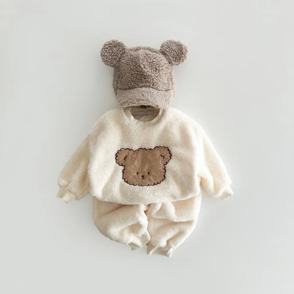 Set Đồ Thu Đông Gồm Áo Tay Dài Lông Nhung Thêu Hình Gấu Dễ Thương + Quần Dài Màu Trơn Giữ Ấm Cho Bé Sơ Sinh 1-3 Tuổi