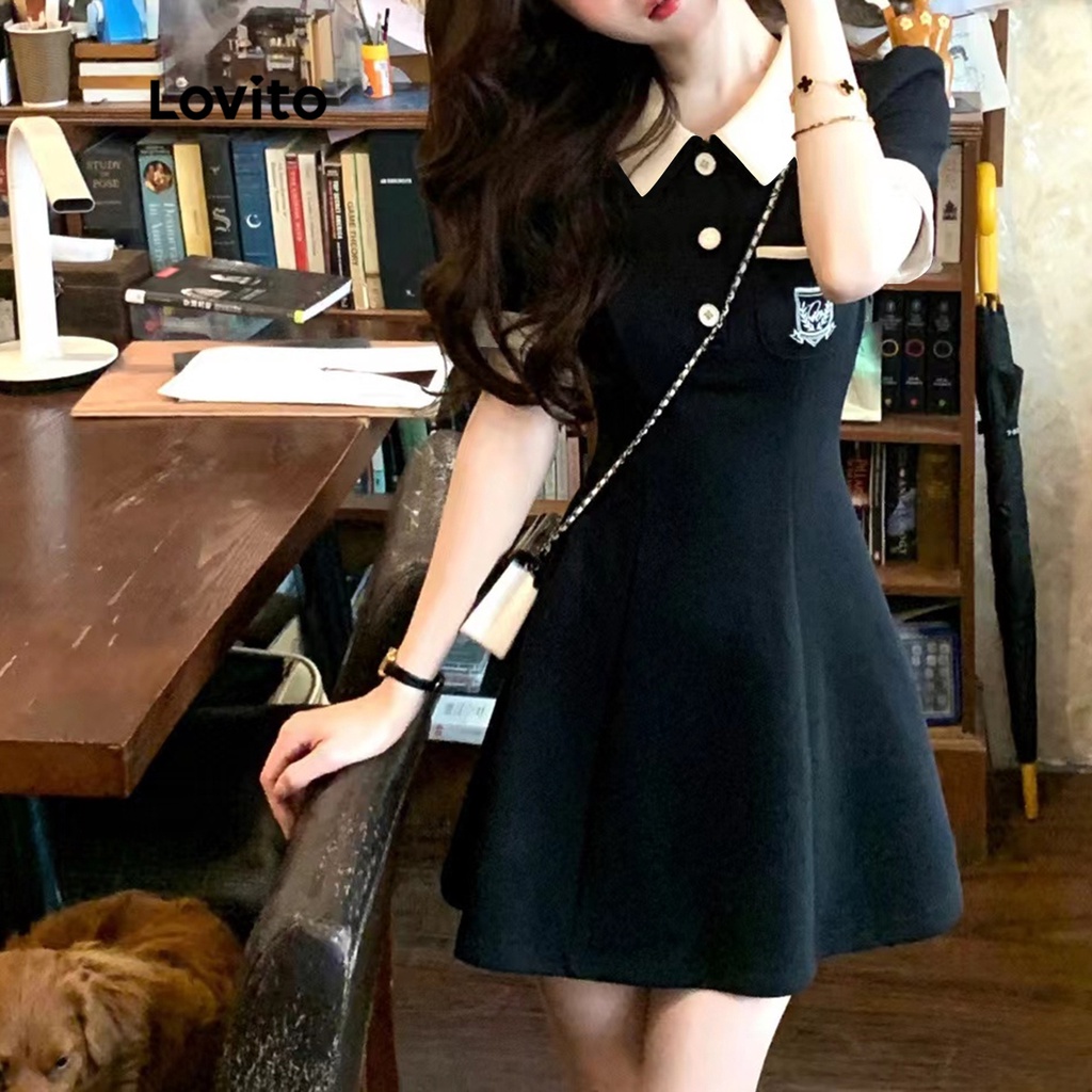 Đầm Lovito tay ngắn ghép nối màu sắc phong cách preppy trơn cho nữ LNE12011 (màu đen)