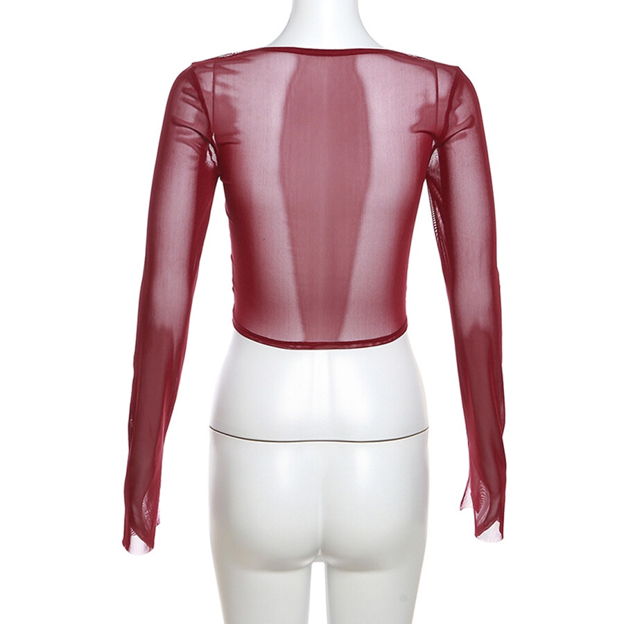 Weird Puss Áo Croptop Tay Dài Vải Lưới Xuyên Thấu Màu Đen Trơn Đơn Giản Quyến Rũ Thời Trang Cho Nữ