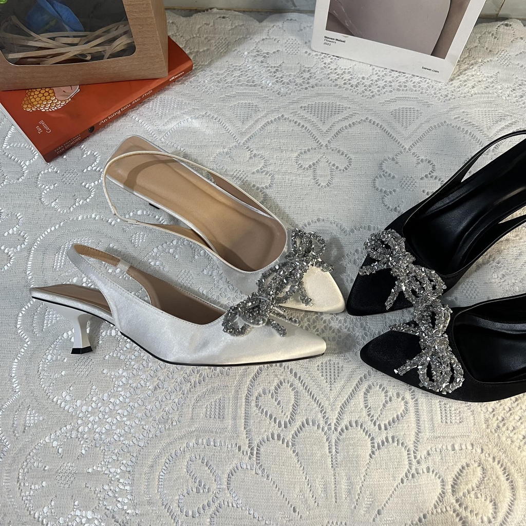 Giày cao gót dự tiệc bigsize nơ đính đá cao 5 cm size 40-44