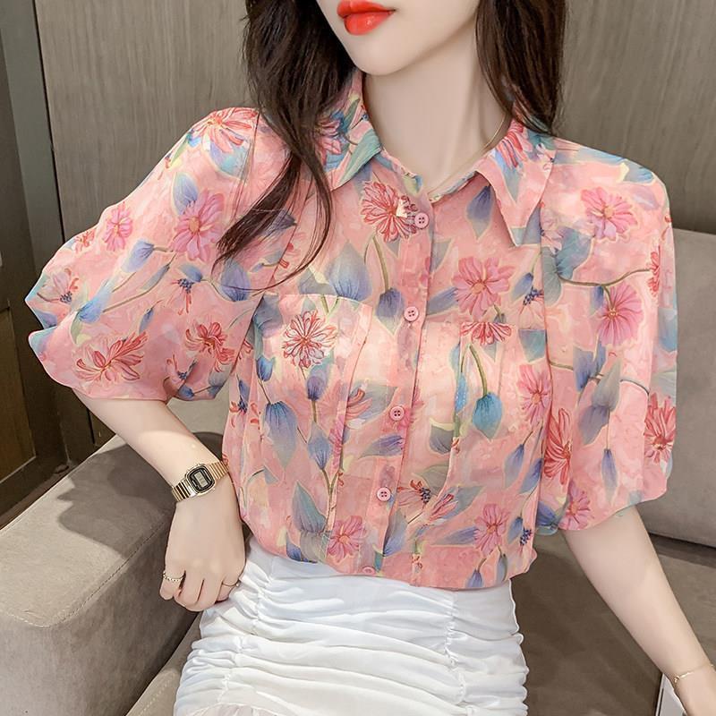 Mùa Hè Phong Cách Mới Tay Phồng In Hoa Voan Áo Sơ Mi Nữ Phiên Bản Hàn Quốc Tất Cả Trận Đấu Mỏng Hơn Nhìn Giảm Tuổi