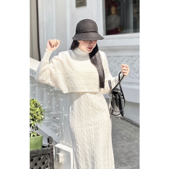 Sét đầm bầu SVL785 đầm len thừng sát nách kèm áo len croptop dài tay Tira Mama