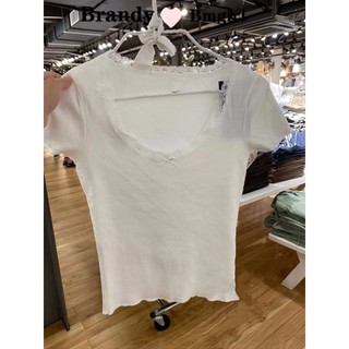 Bm brandy Áo Thun Croptop Ôm Dáng Tay Ngắn Viền Ren Hình Bướm Viền Ren Bằng cotton Nguyên Chất Mỹ Cho Nữ
