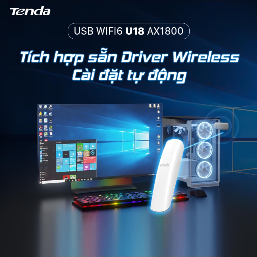 USB thu Wifi TENDA U18 CH (Chuẩn AX1800 Wifi 6, 2 băng tần, Ko Anten, 1775Mbps, USB 3.0, WPA3, Tự động cài đặt, Win 10