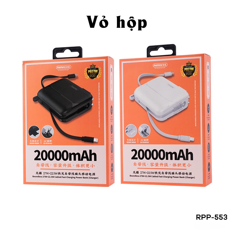 Sạc dự phòng chính hãng Remax RPP-553 dung lượng 20000mAh, cốc sạc kiêm sạc dự phòng siêu nhanh 27W đa năng tiện dụng