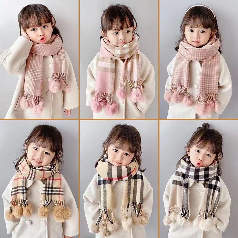 Children's scarf thickened in autumn and winter warm bib lattice boys and girls hair ball toddler sc