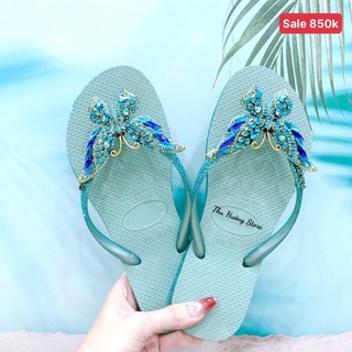 [sẵn] Dép Nữ Chính Hãng Kim Tuyến Xanh Mint Viền 2023 Đính Bươm' Chúa Xanh