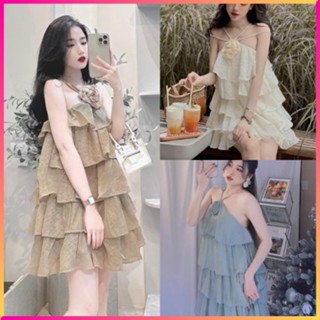 Váy maxi xoè cổ yếm đính hoa , váy babydoll 2 dây tầng xòe tiểu thư nơ hoa dự tiệc, đi chơi sang chảnh hình thật