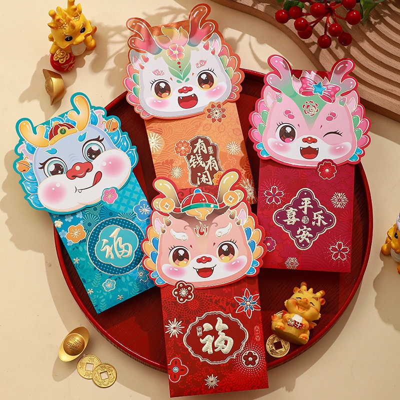 Set 4 Bao Lì Xì Hình Rồng Đỏ Hoạt Hình Phong Cách Trung Hoa Dành Cho Năm Mới 2024