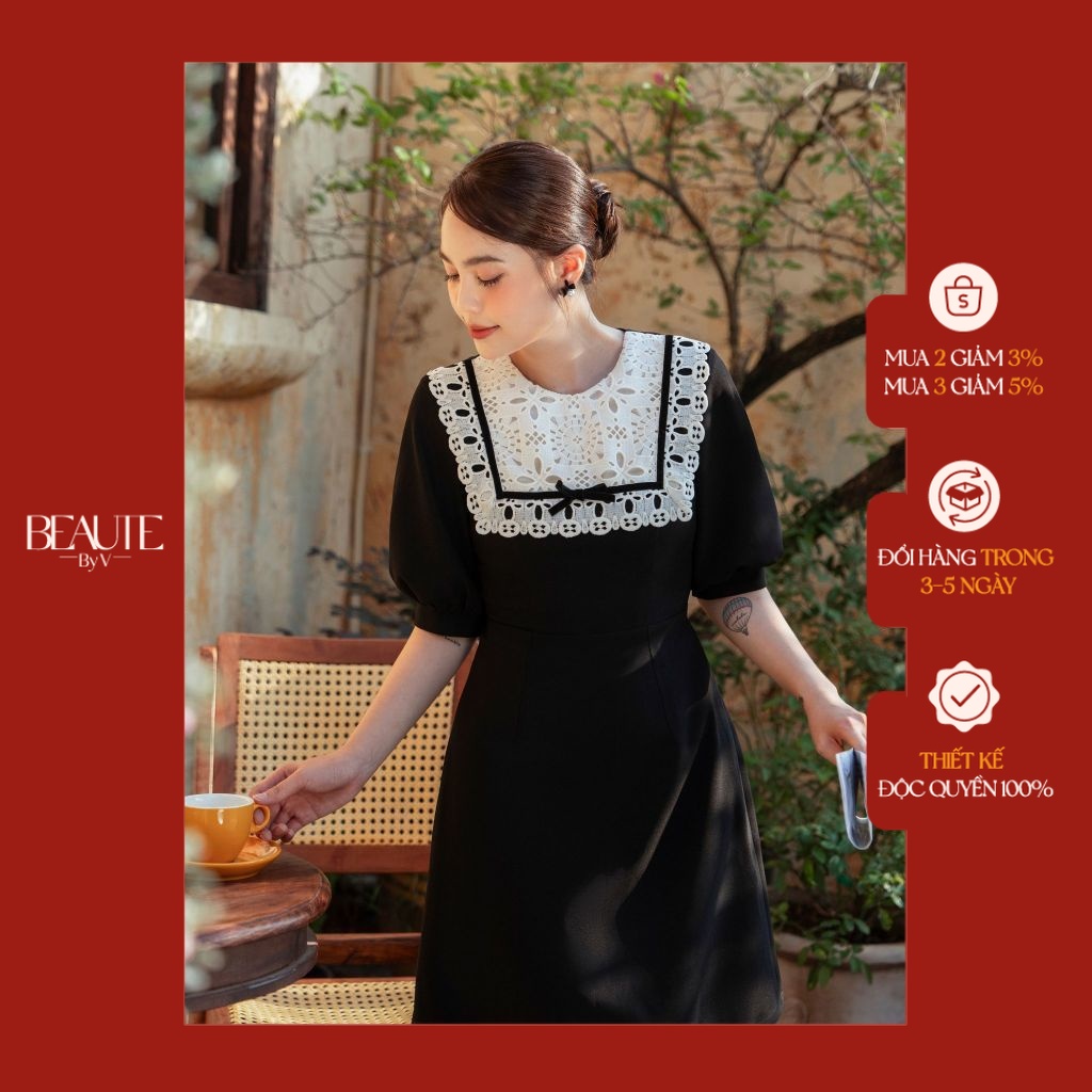 BEAUTEBYV - Váy nữ phối ren chạy ruy băng nổi Seiny