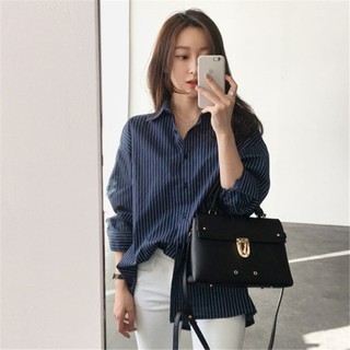 Liên Kết Với Nhau ♥ Áo Sơ Mi Dáng Rộng Tay Dài Họa Tiết Kẻ Sọc Dọc Phong Cách Hàn Quốc Thời Trang Cho Nữ