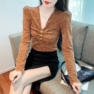 Áo Ren Tay Dài Cổ Chữ v Thời Trang Thu Đông Quyến Rũ Cho Nữ