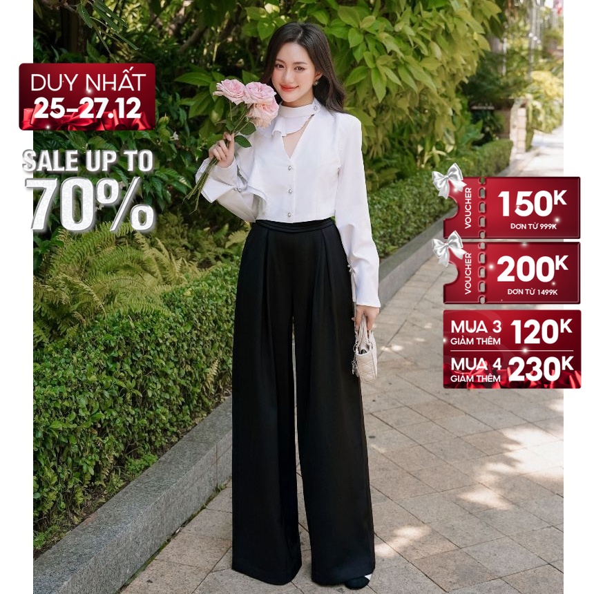 SALE UP TO 50% + VC 200K || JOVEN Quần Dài Krayon Ống Suông Lưng Xếp Ly Thanh Lịch