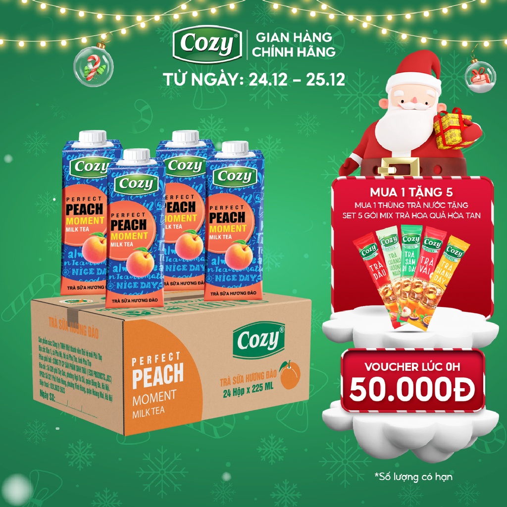 Thùng 24 Hộp Trà Sữa Hương Đào Cozy Uống Liền Thơm Ngon Chuẩn Vị, Không Chất Bảo Quản, Nguyên Liệu Tự Nhiên 225ml