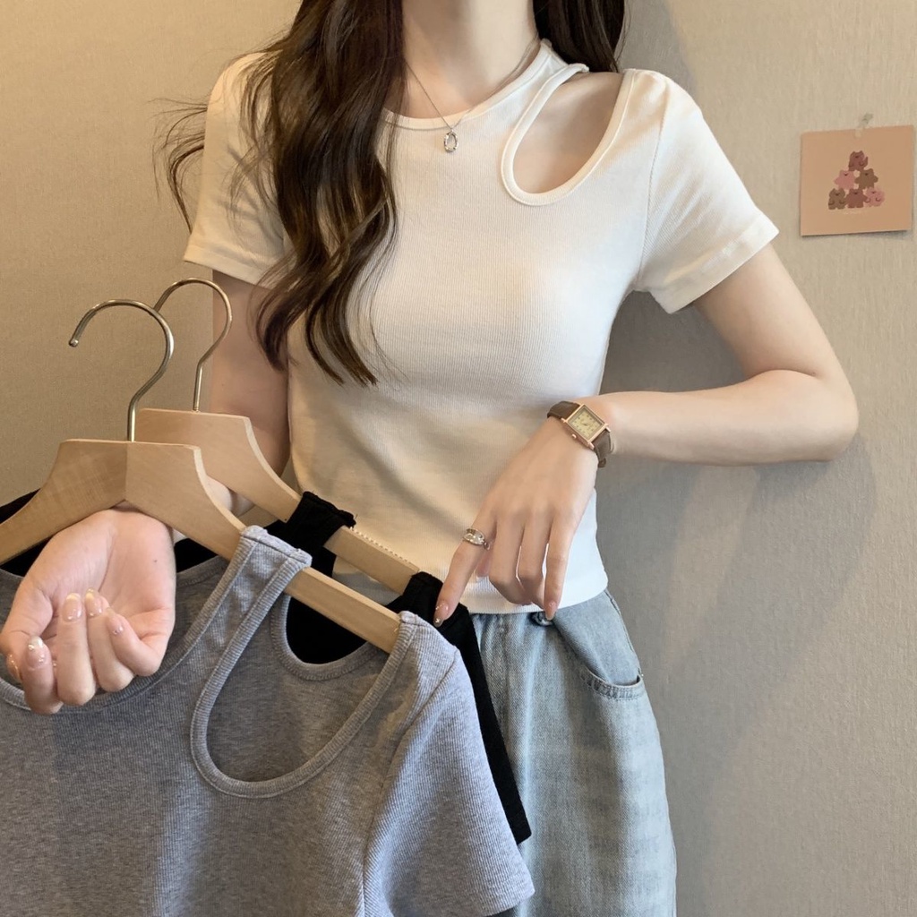 Size Lớn / Áo Thun Nữ / Rỗng / Vai Phải / Tay Ngắn / 2024 / Mùa Xuân / Phong Cách Mới / Slim Fit / P