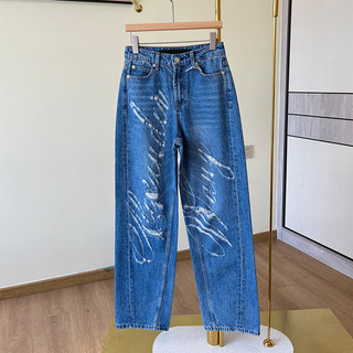 Alexander Wang Women's Washed Ripped Jeans with Distressed Letters High Waist Straight Leg Long Jeans