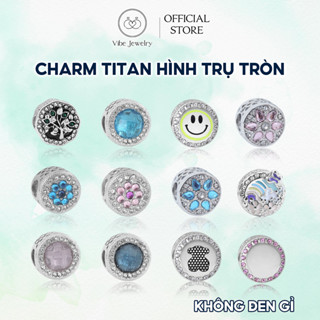 Charm titan không gỉ VIBE đính đá, hạt làm vòng tay nữ hình trụ tròn họa nhiều họa tiết / màu sắc