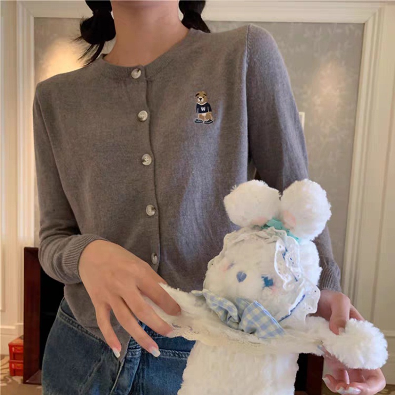 IELGY Tay Dài Dáng Rộng Thêu Hình Gấu Kèm Áo Khoác cardigan Nhỏ Thời Trang Cho Nữ