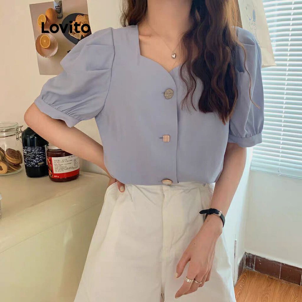 Áo sơ mi Lovito tay phồng phối nút màu trơn thường ngày cho nữ LNA09197 (màu xanh dương nhạt)