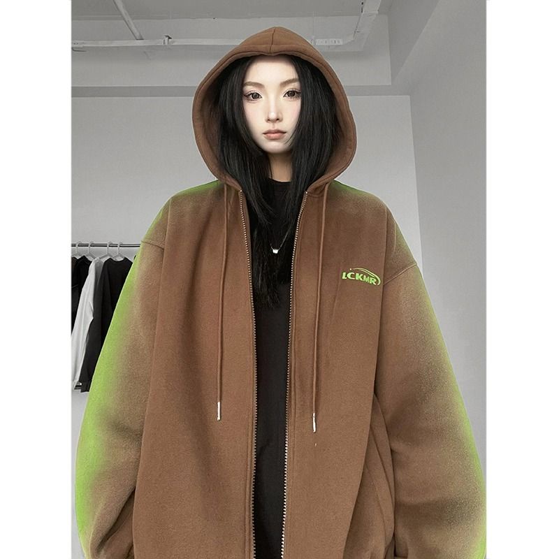 Áo Khoác cardigan Có Mũ Trùm Màu gradient Xanh Lá / Đen Phong Cách Đường Phố Mỹ Thời Trang Mùa Xuân Cho Bạn Gái 00y1