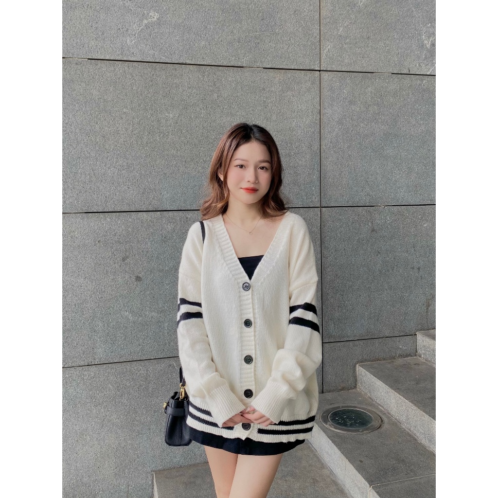 ÁO KHOÁC len cardigan nữ sọc viền tay - . - CDGlenvachtay9916_Be_P7K1
