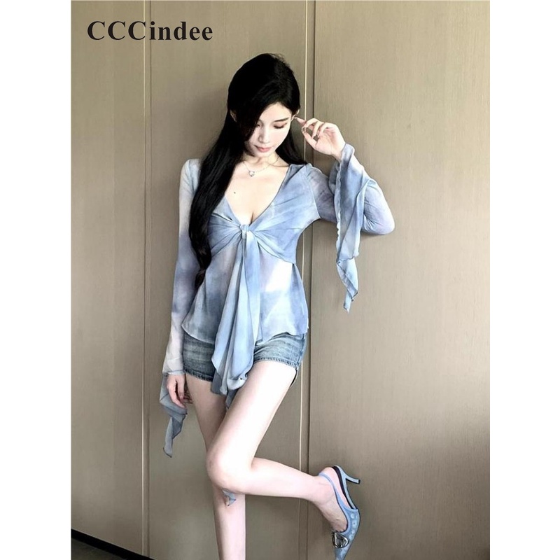 Cccindee Áo Thun Tay Dài Ống Loe Nhuộm Màu Tương Phản Thời Trang Mới 2023 Cho Nữ