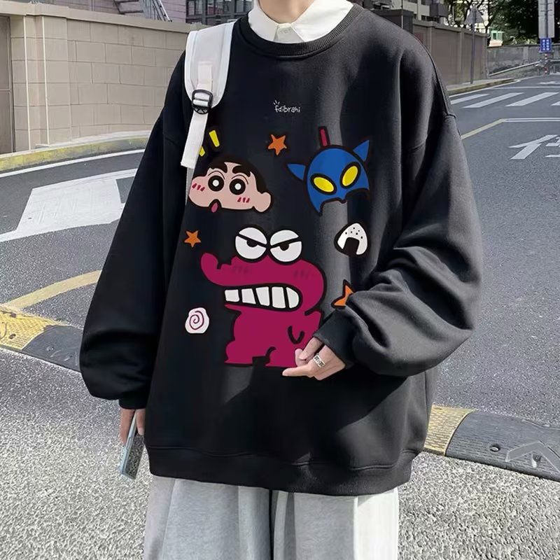 Áo sweater nam bigsize M-8XLÁo Sweater cotton Nhung Dày Tay Dài Cổ Tròn In Hoạt Hình Cậu Bé Bút Chì Shin Thời Trang Mùa Thu Cho Nam