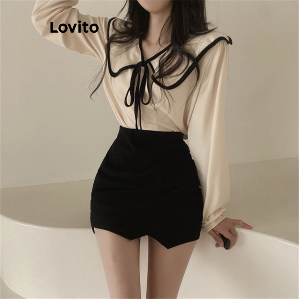 Lovito Áo sơ mi có dây buộc tương phản trơn đơn giản có dây buộc Ruffle Bishop dành cho nữ LNE24175