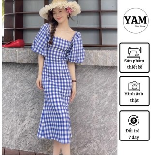 Váy kẻ caro dáng dài xẻ sau xanh blue size SMLXL thời trang thiết kế YAM MiNi STORE