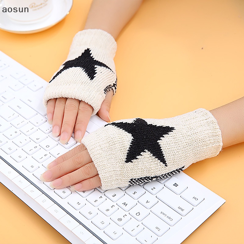 Aosun Găng Tay Len Hở Ngón Hình Ngôi Sao Năm Cánh Mềm Mại Ấm Áp Cho Nam Nữ