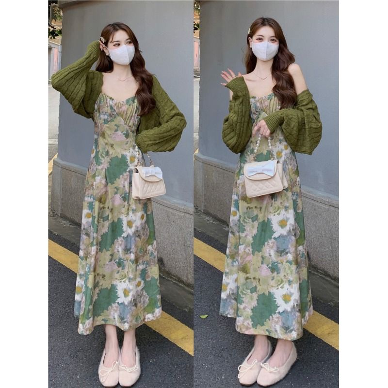 Bộ Áo Khoác cardigan Phối Chân Váy Hai Dây In Hoa Thời Trang Mùa Thu Cho Nữ