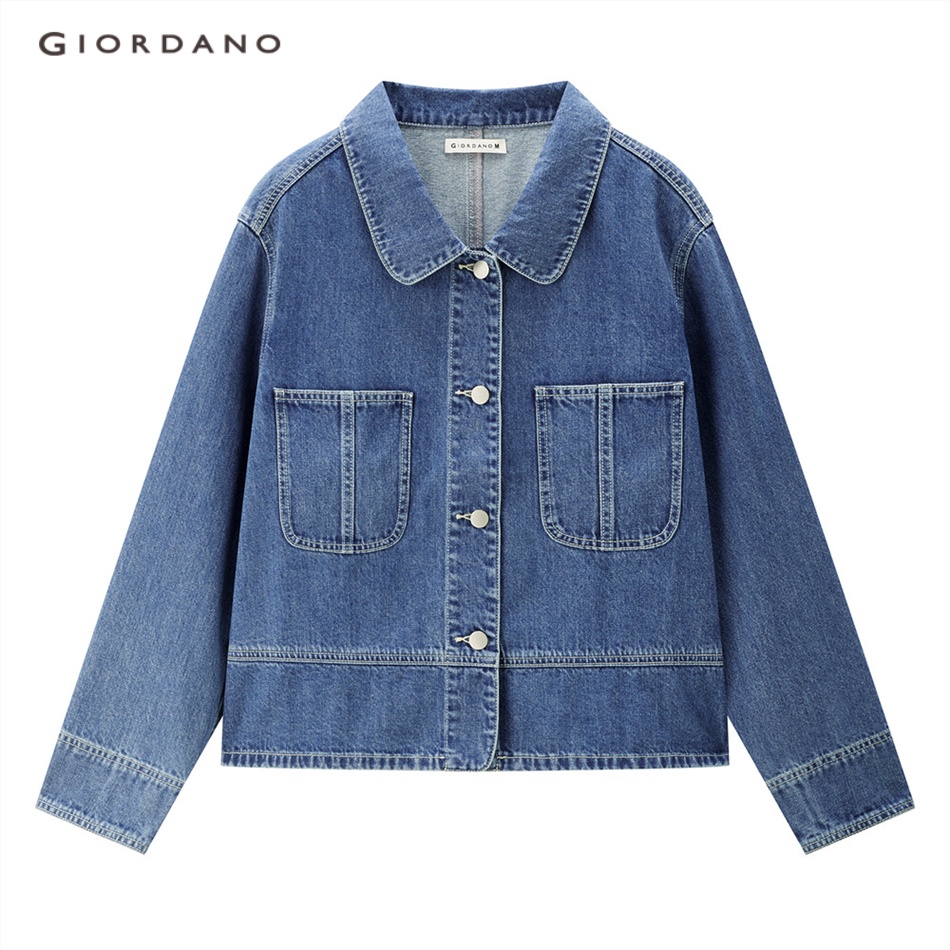 GIORDANO WOMEN Turn-down collar big pockets loose denim jacket 18373203