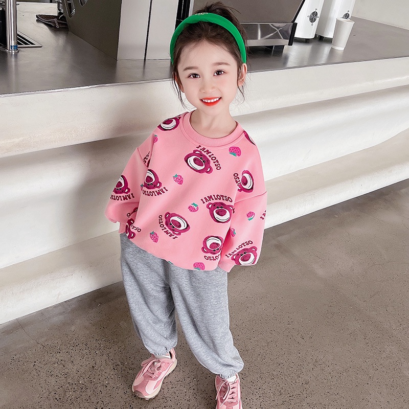 Mới Áo Sweater Tay Dài In Hình Gấu Và Dâu Tây Đáng Yêu Cho Bé Gái