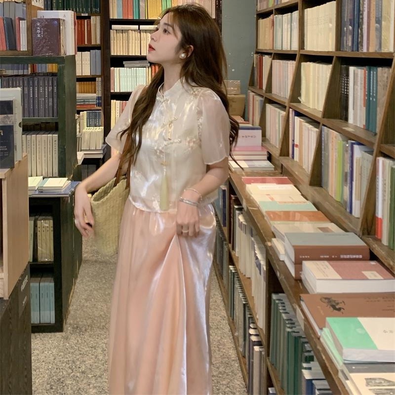 Bộ Áo Sơ Mi Hồng Tay Ngắn Kèm Chân Váy Lưng Cao Phong Cách Trung Hoa Thời Trang Mùa Hè 2023#23918