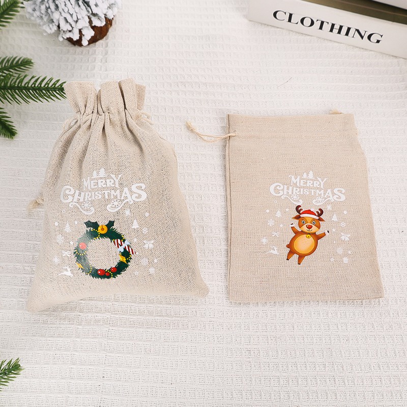 S / m / l Túi Đựng Kẹo Vải Lanh Dây Rút In Họa Tiết Giáng Sinh 3 Kích Cỡ