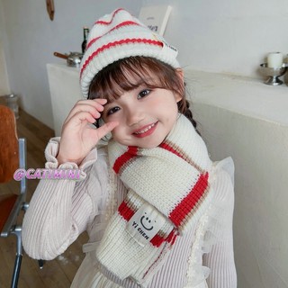 Catimini set mũ len và khăn choàng cổ kẻ sọc hình mặt cười cho bé