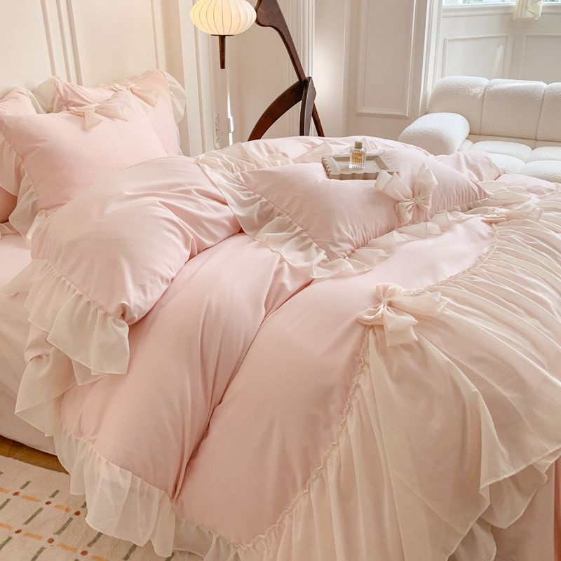 Bộ Chăn Ga Và Vỏ Gối cotton Phối Ren Đính Nơ Phong Cách Công Chúa