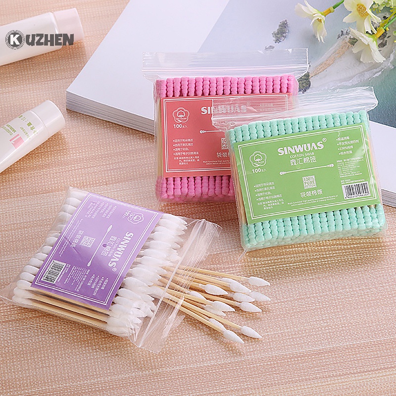 Kuzhen Set 100 Tăm Bông cotton Hai Đầu Dùng Để Vệ Sinh Tai / Mũi / Lỗ Tai Chăm Sóc Sức Khỏe Cho Nữ