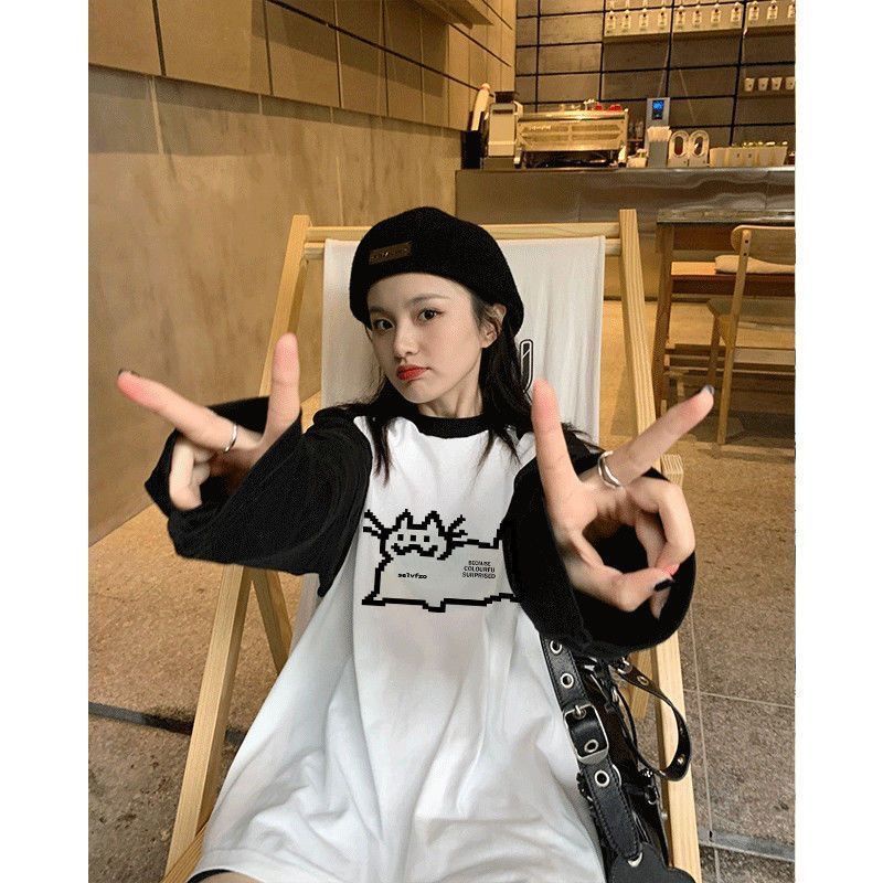 Ielgy Áo Thun Tay Dài Dáng Rộng Màu Tương Phản Phong Cách Hàn Quốc Thời Trang Cho Nữ