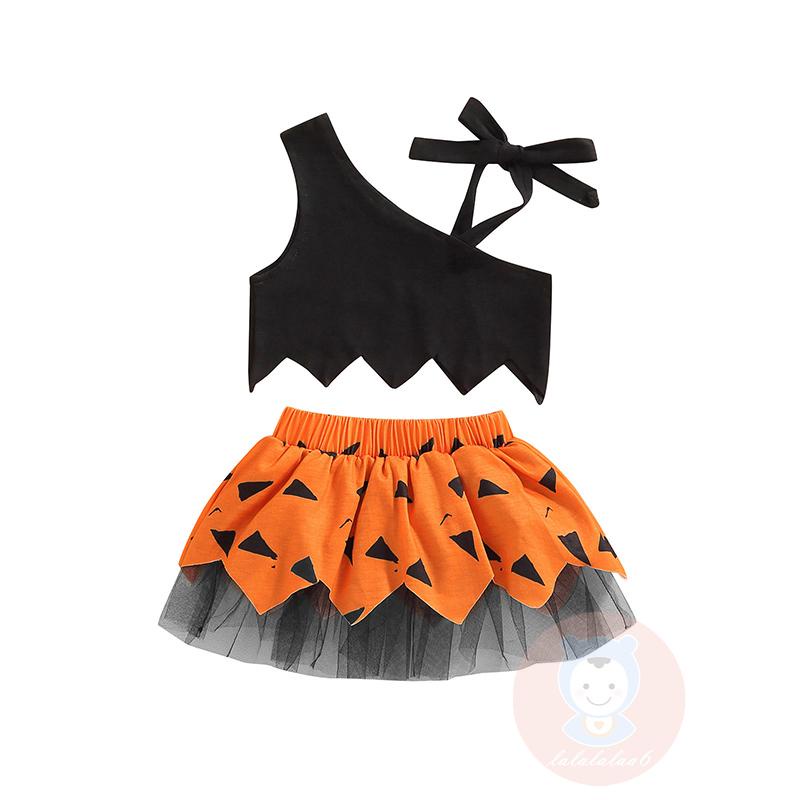 Laa6-áo crop Top Trễ Vai Buộc Dây Màu Trơn + Chân Váy Lưới Co Giãn Phong Cách halloween Cho Bé Gái