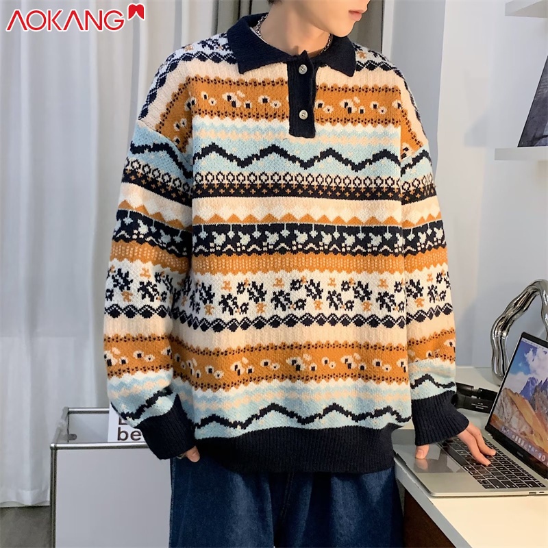 Aokang Áo sweater Dệt Kim Dày Dặn Dáng Rộng Phong Cách Giáng Sinh Hàn Quốc Cổ Điển Giữ Ấm Cho Nam