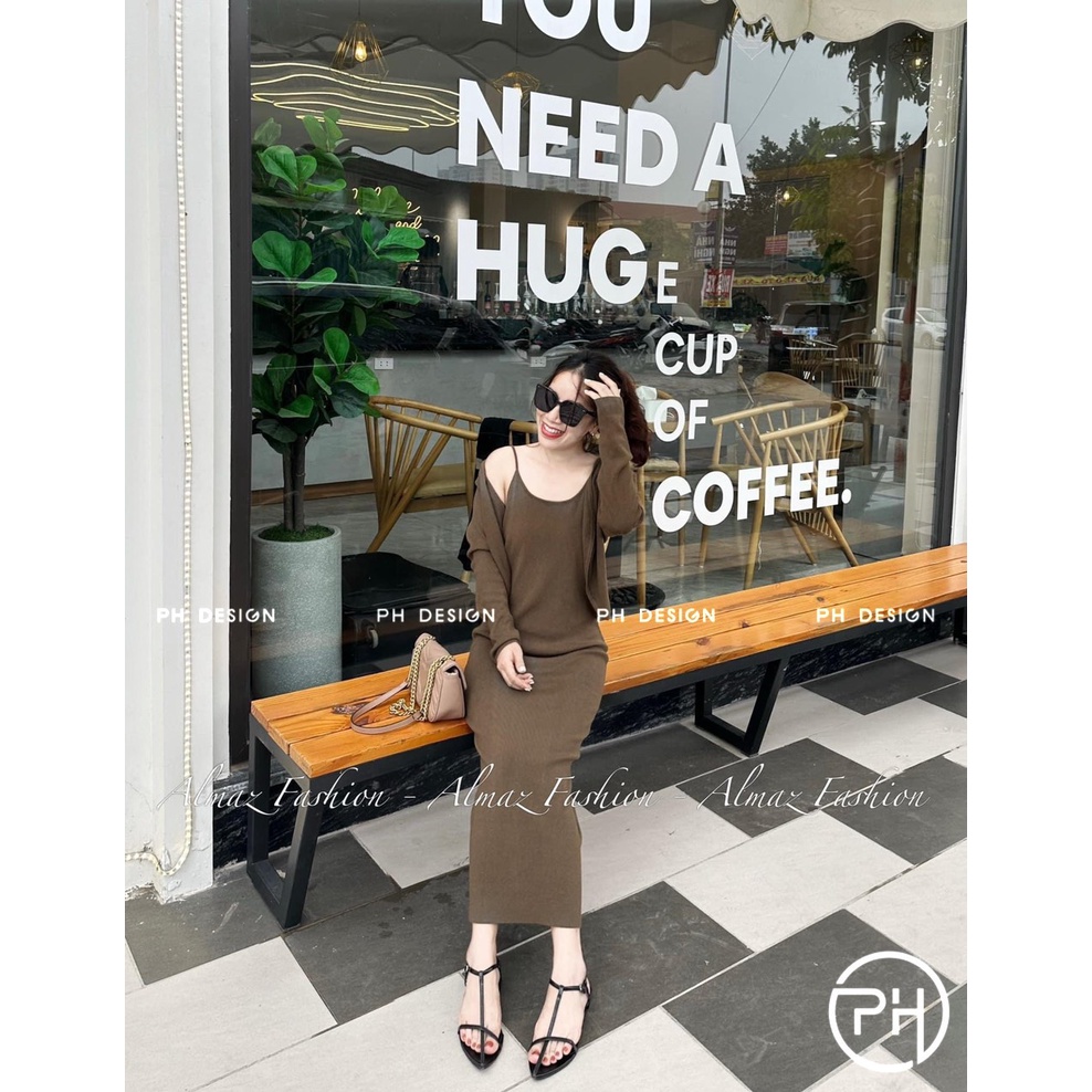 Set váy len 2 dây kèm áo cardigan chất siêu đẹp hàng QC