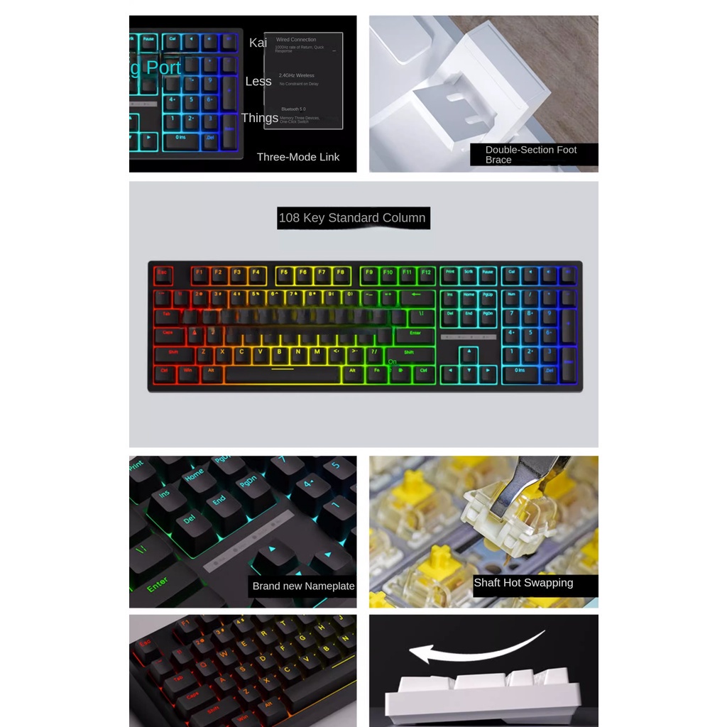 Bàn Phím Cơ bluetooth Không Dây se108 hot swap,3 Chế Độ, rgb, south 2023, Đèn led, Bàn Phím Điện Tử, Màu Nâu / Vàng 100%
