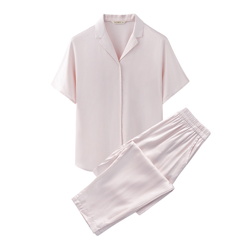 Bộ Đồ Ngủ Bằng Sợi Tre Tay Ngắn Màu Trơn Phong Cách Nhật Bản Thời Trang Mùa Hè Cho Cặp Đôi
